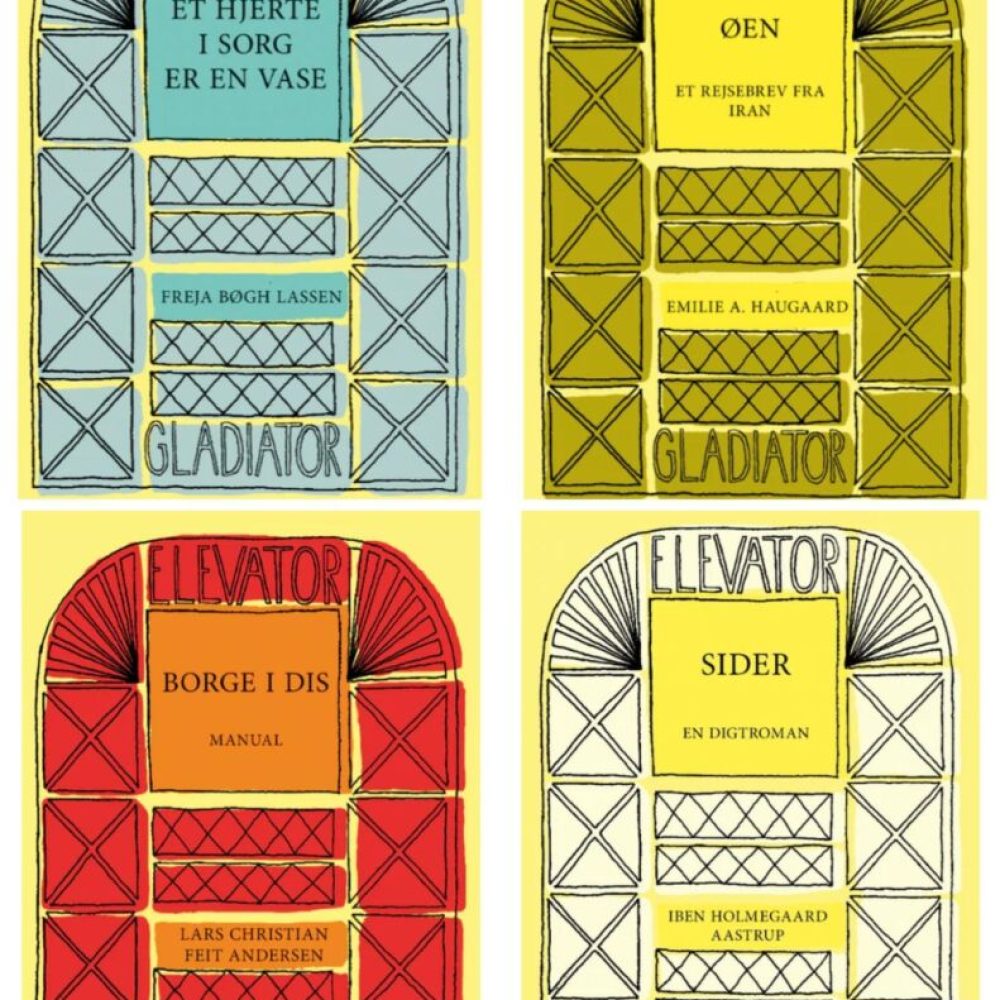 Forlaget Gladiators Elevatorbibliotek udkom første gang i efteråret 2025 – nu er en ny omgang af elevatorbøger klar. Det nye kuld af fire små værker udkom 27. marts 2026 og består af Et hjerte i sorg er en vase af Freja Bøgh Lassen, Øen - et rejsebrev fra Iran af Emilie A. Haugaard, Borge i Dis af Lars Christians Feit Andersen og Sider af Iben Holmegaard Aastrup. Fotokilde: Forlaget Gladiator 